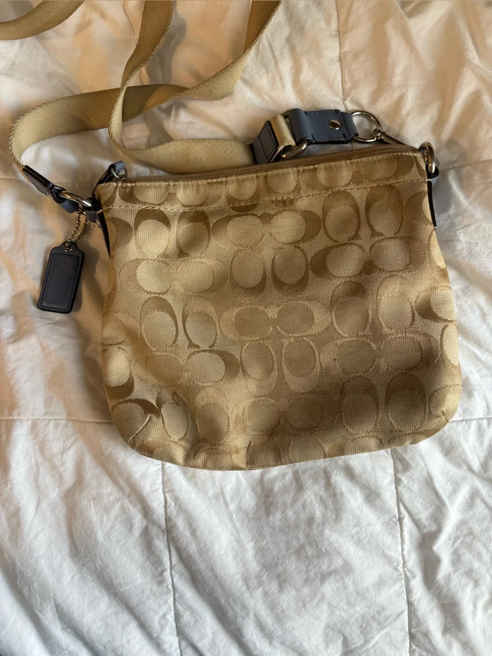 Coach Beige Signature Messenger Bag with Dark Trim
